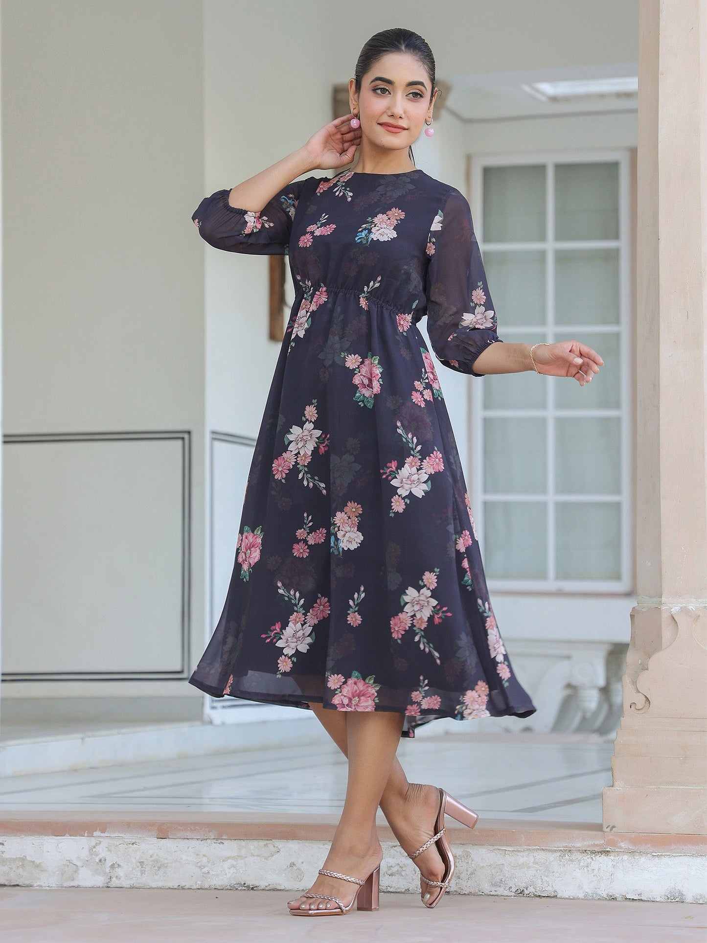 Black Georgette Floral Printed A-line Dress