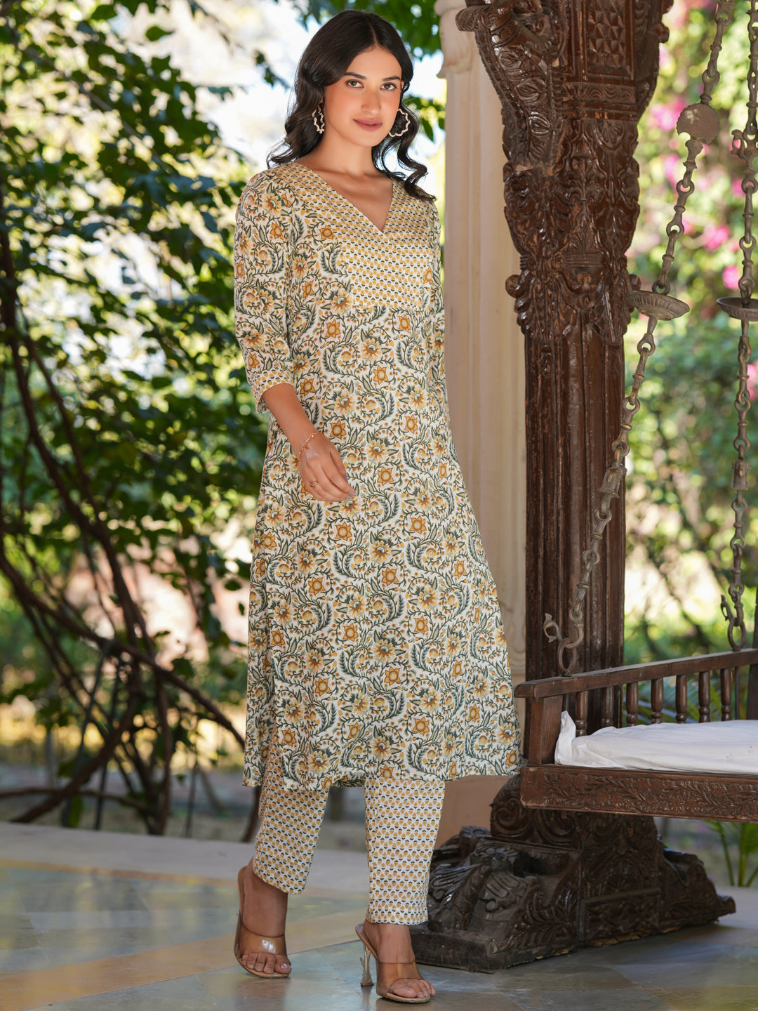 Off White Pure Cotton Floral Printed Straight Kurta Set