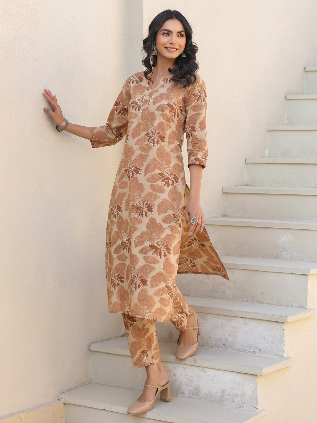 Beige Pure Cotton Floral Printed Straight Kurta Pant Set
