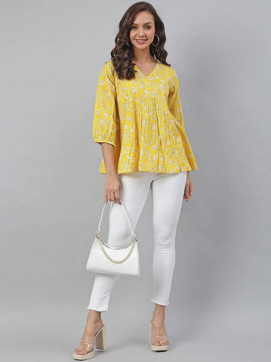 Yellow Cotton Floral Print Flared Top