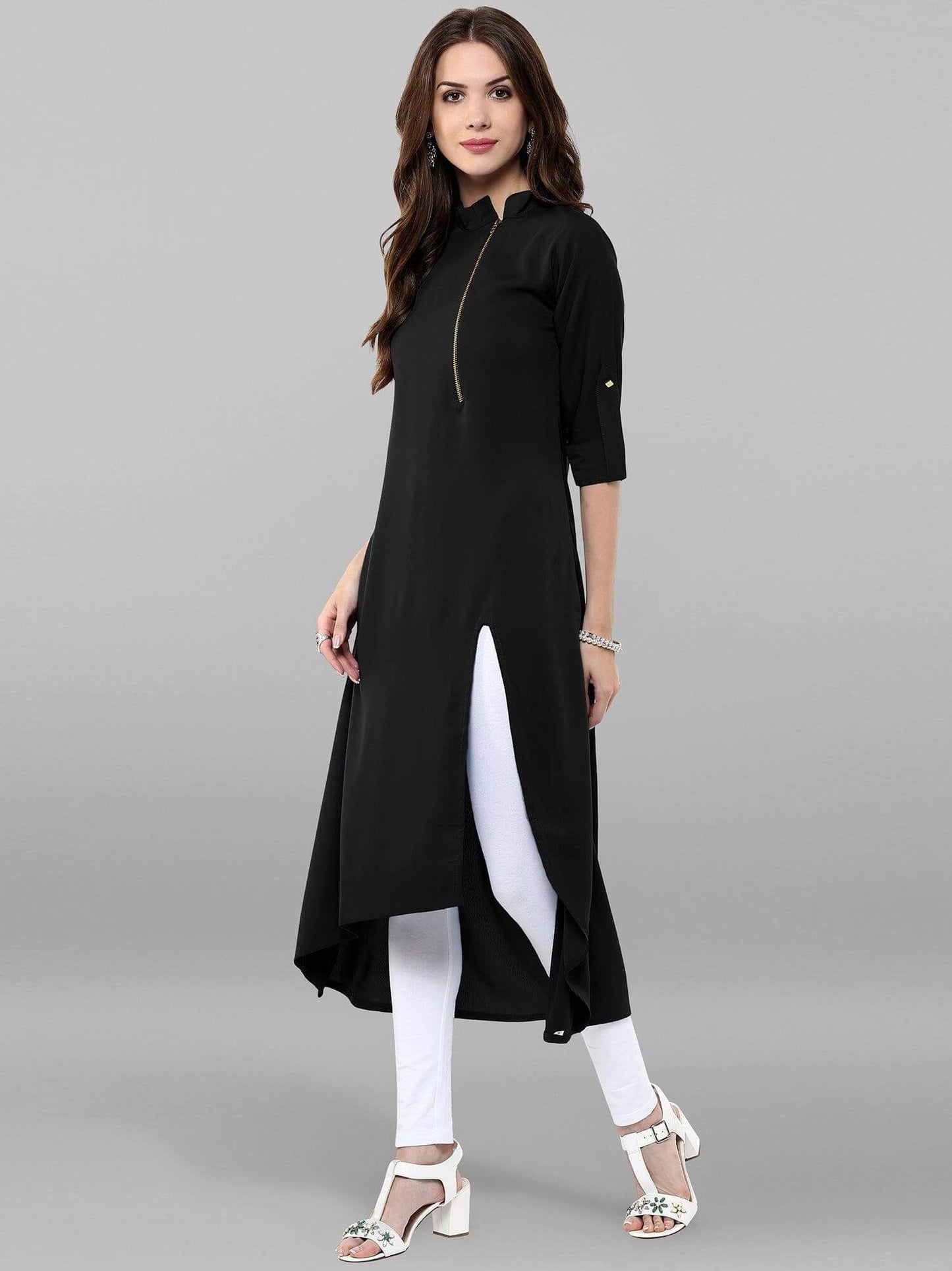 Black Poly Crepe Solid High Low Kurta