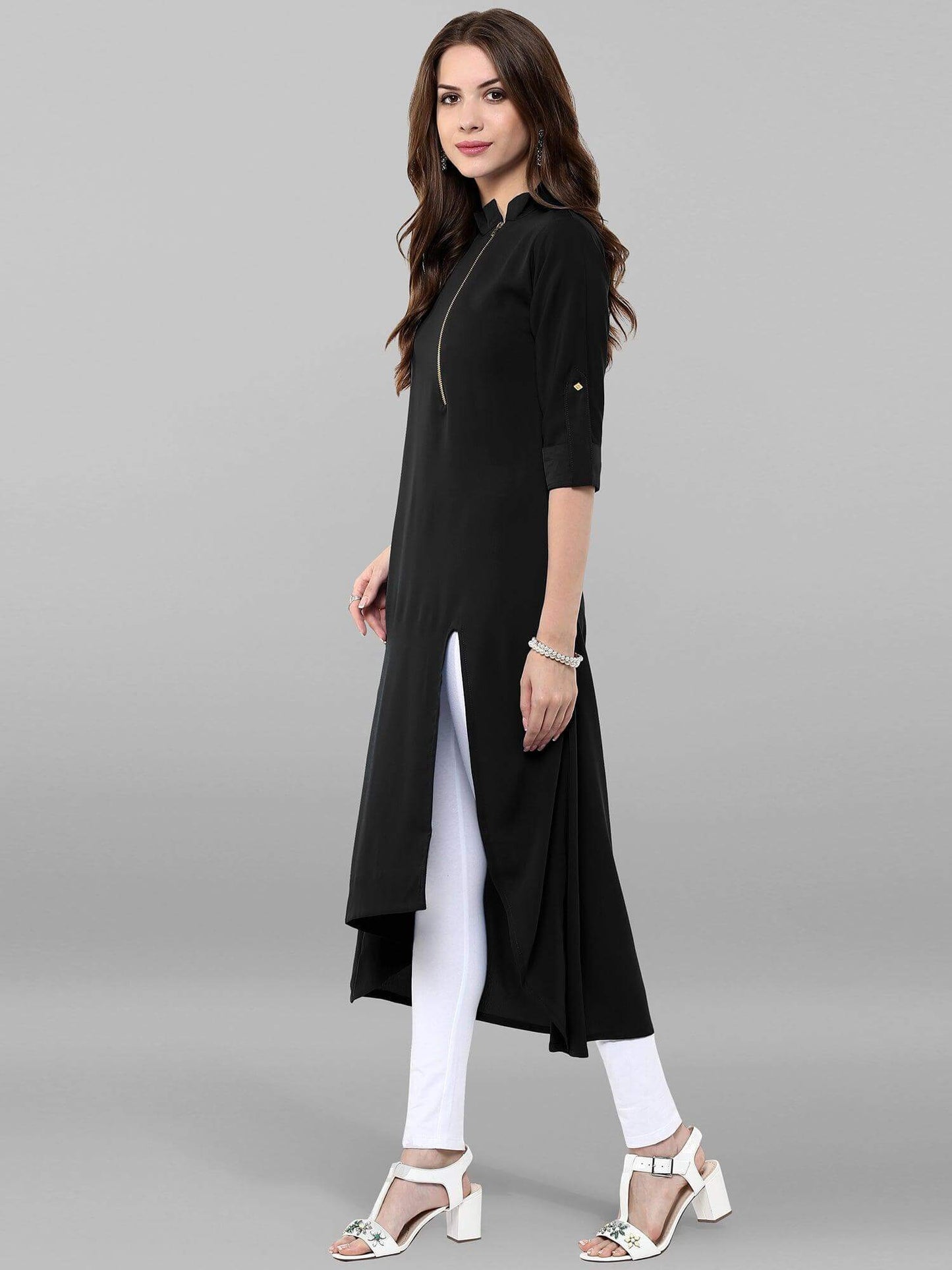 Black Poly Crepe Solid High Low Kurta
