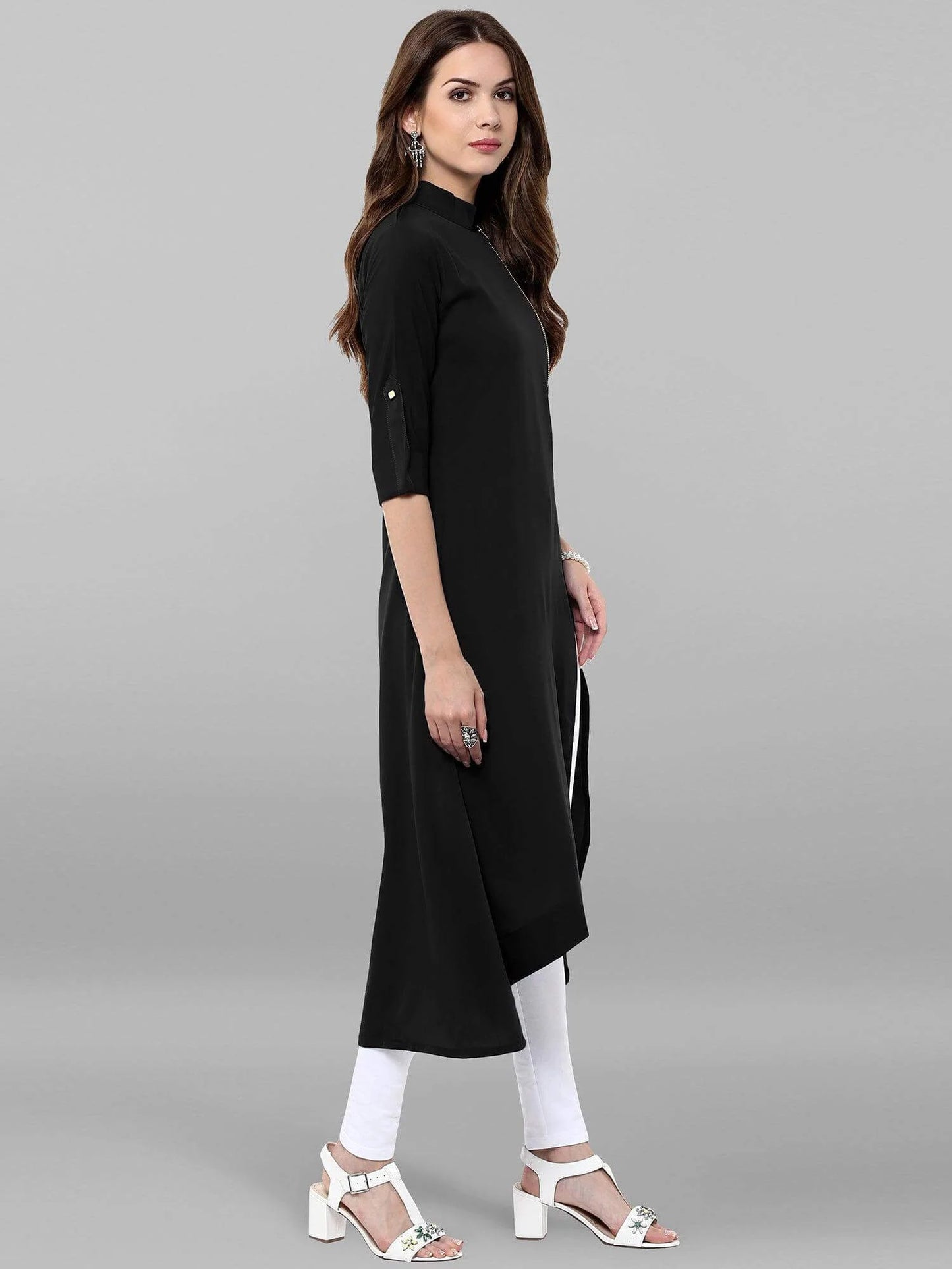 Black Poly Crepe Solid High Low Kurta