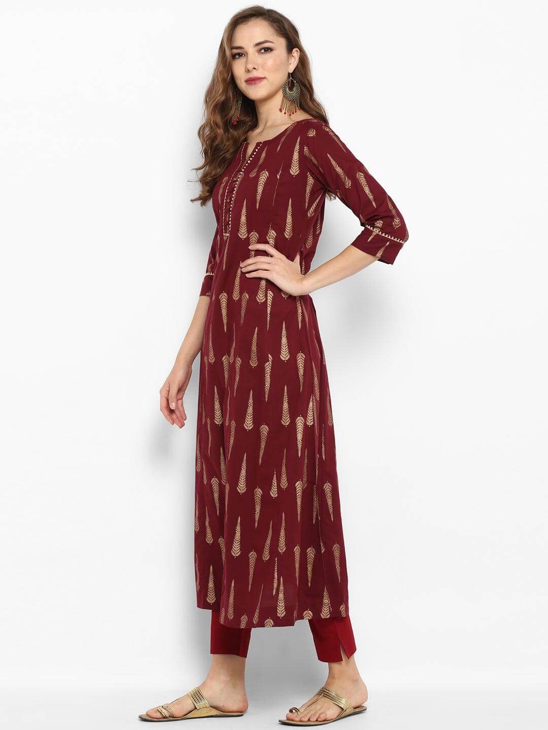 Maroon Cotton Foil Print A-Line Kurta