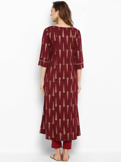 Maroon Cotton Foil Print A-Line Kurta