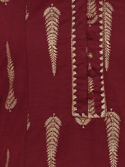 Maroon Cotton Foil Print A-Line Kurta