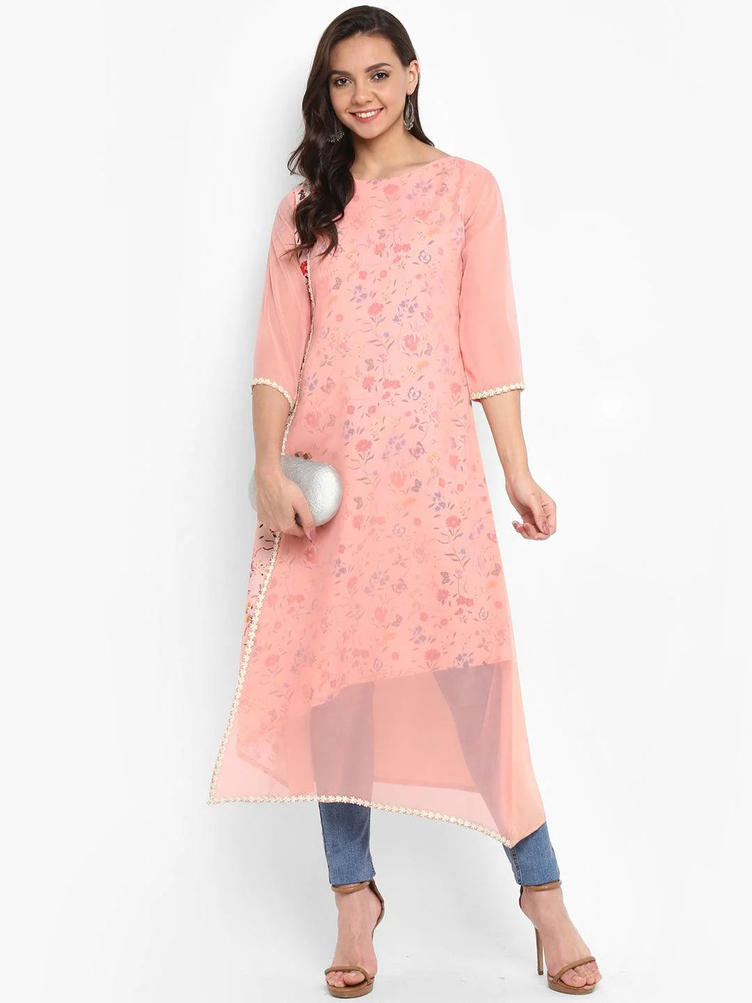 Peach Poly Crepe Floral Print A-Line Kurta