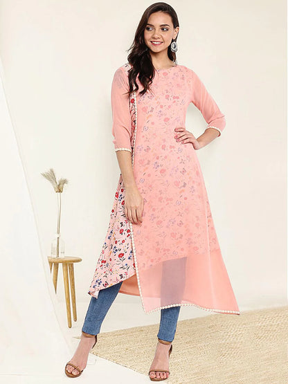 Peach Poly Crepe Floral Print A-Line Kurta