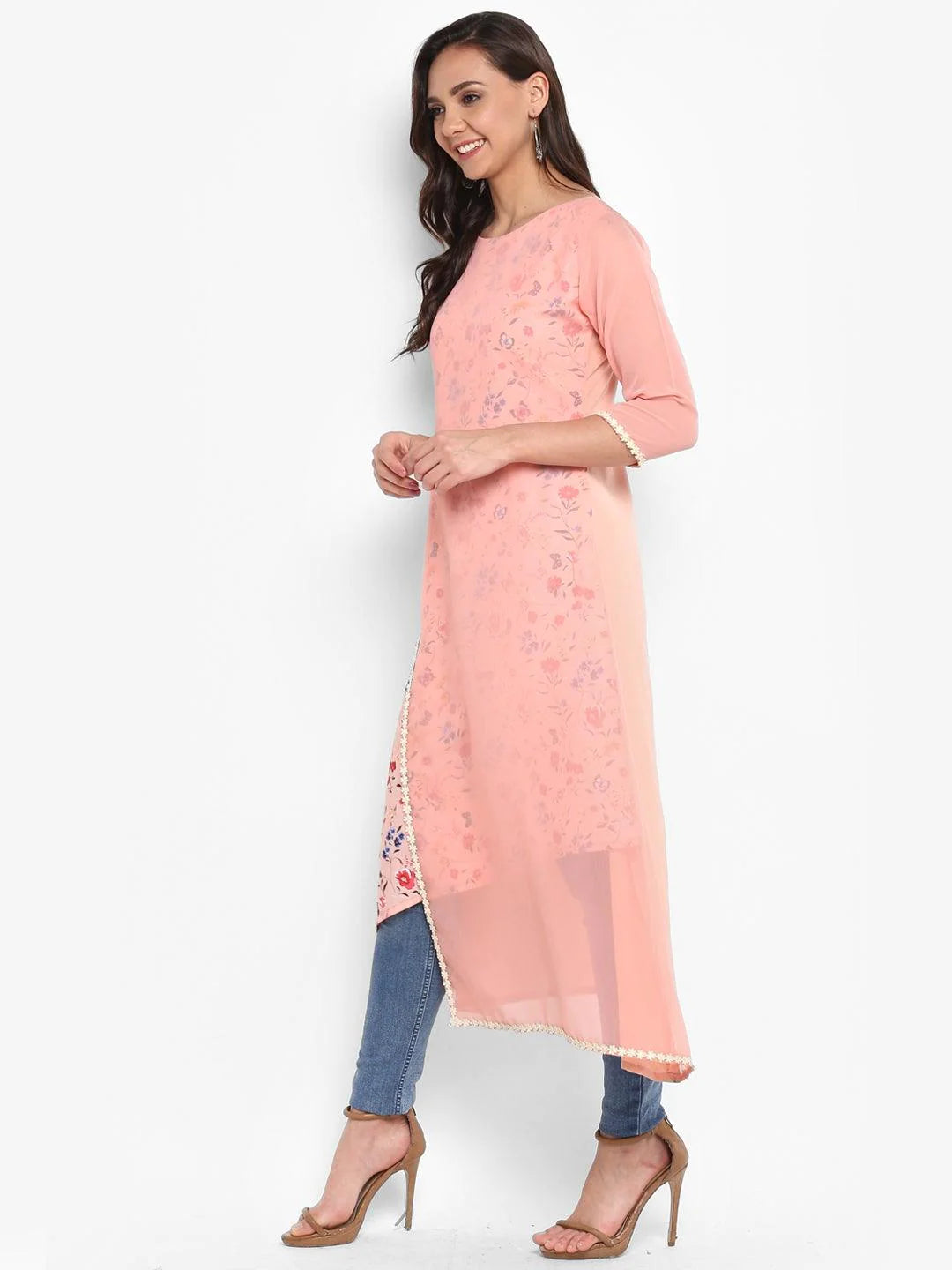 Peach Poly Crepe Floral Print A-Line Kurta