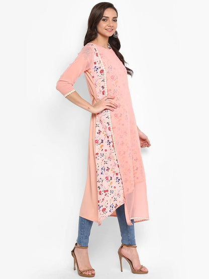 Peach Poly Crepe Floral Print A-Line Kurta