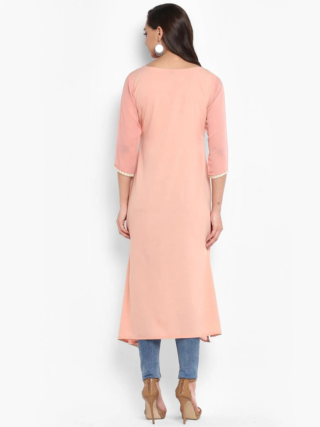 Peach Poly Crepe Floral Print A-Line Kurta