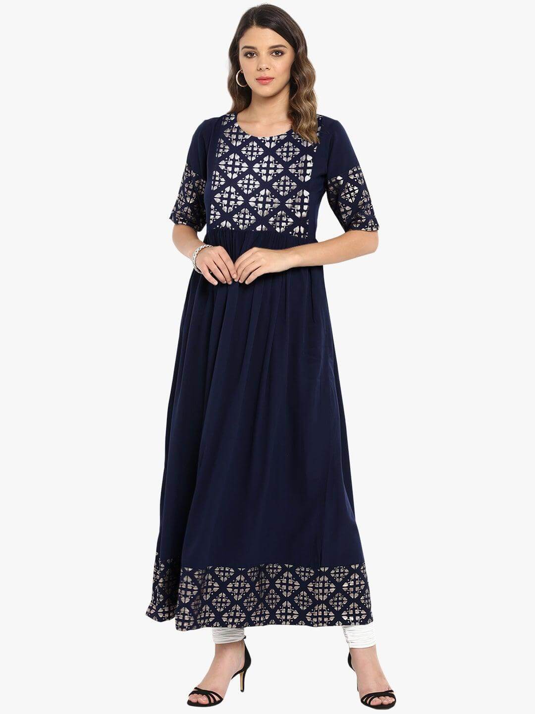 Dark Blue Poly Crepe Foil Print Flared Kurta