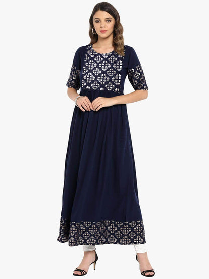 Dark Blue Poly Crepe Foil Print Flared Kurta