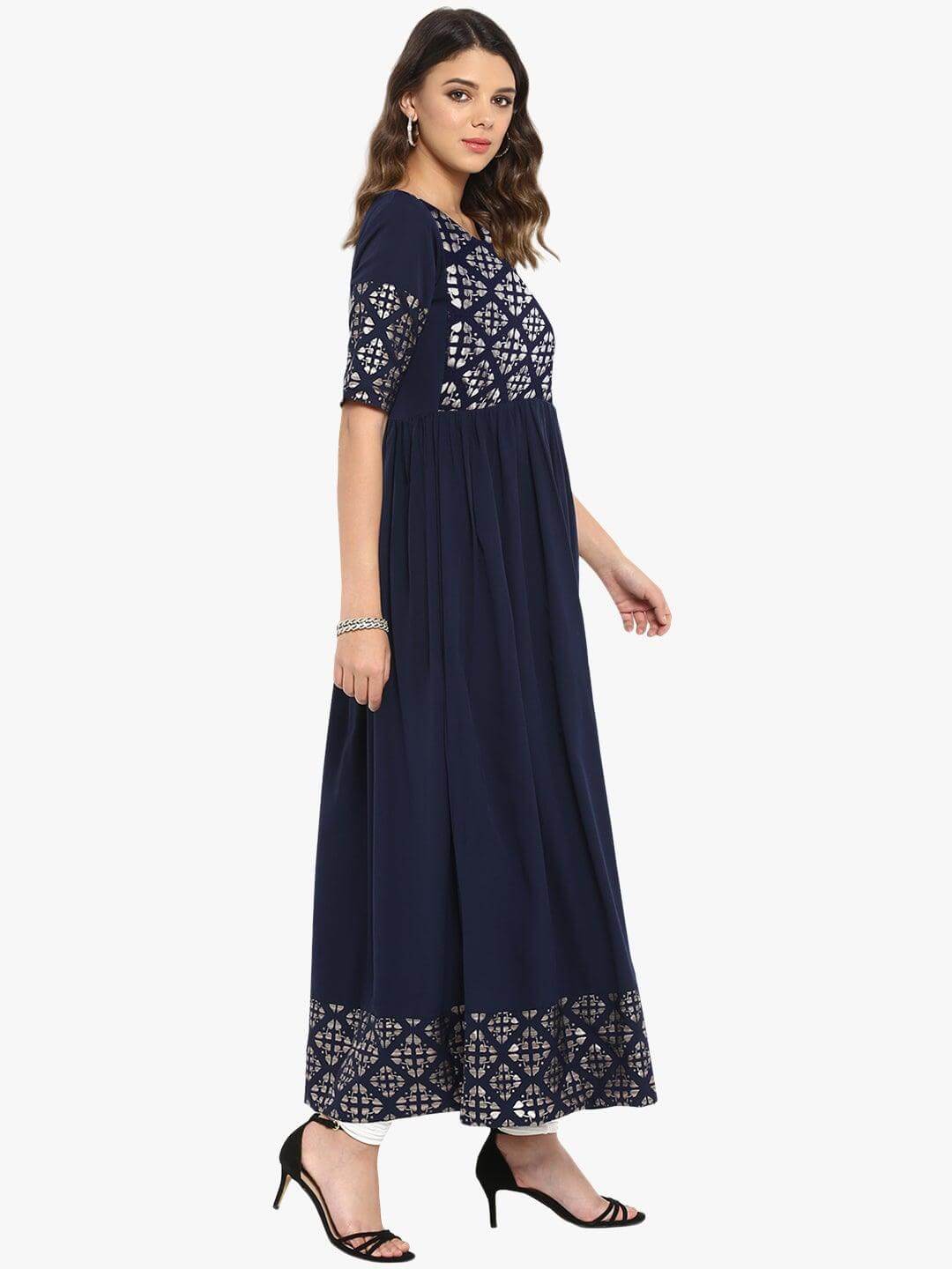Dark Blue Poly Crepe Foil Print Flared Kurta