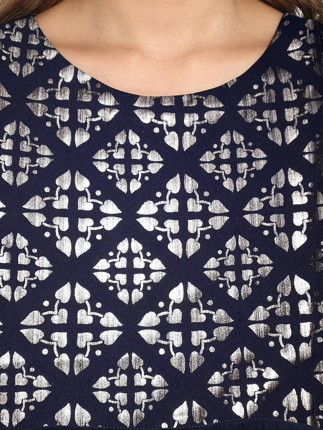 Dark Blue Poly Crepe Foil Print Flared Kurta