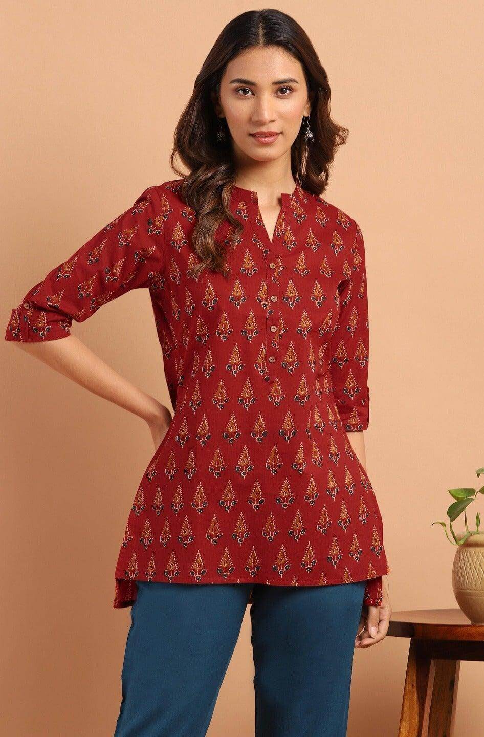 Red Cotton Ethnic Motifs Straight Tunic