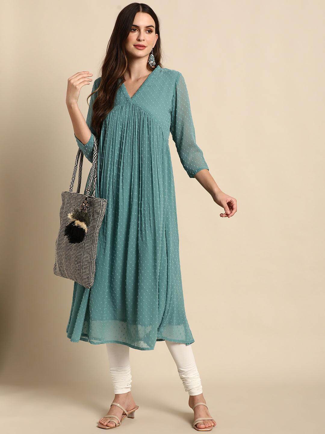 Silae Green Poly Chiffon Self Design Flared Kurta Silae