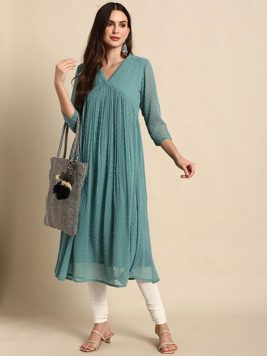 Silae Green Poly Chiffon Self Design Flared Kurta