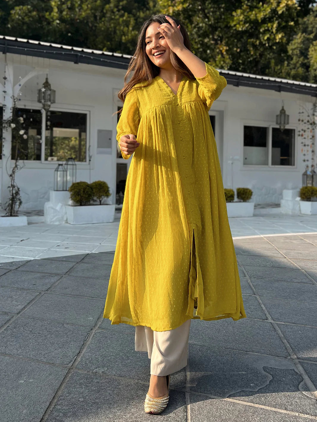 Silae Mustard Poly Chiffon Self Design Frontslit Kurta