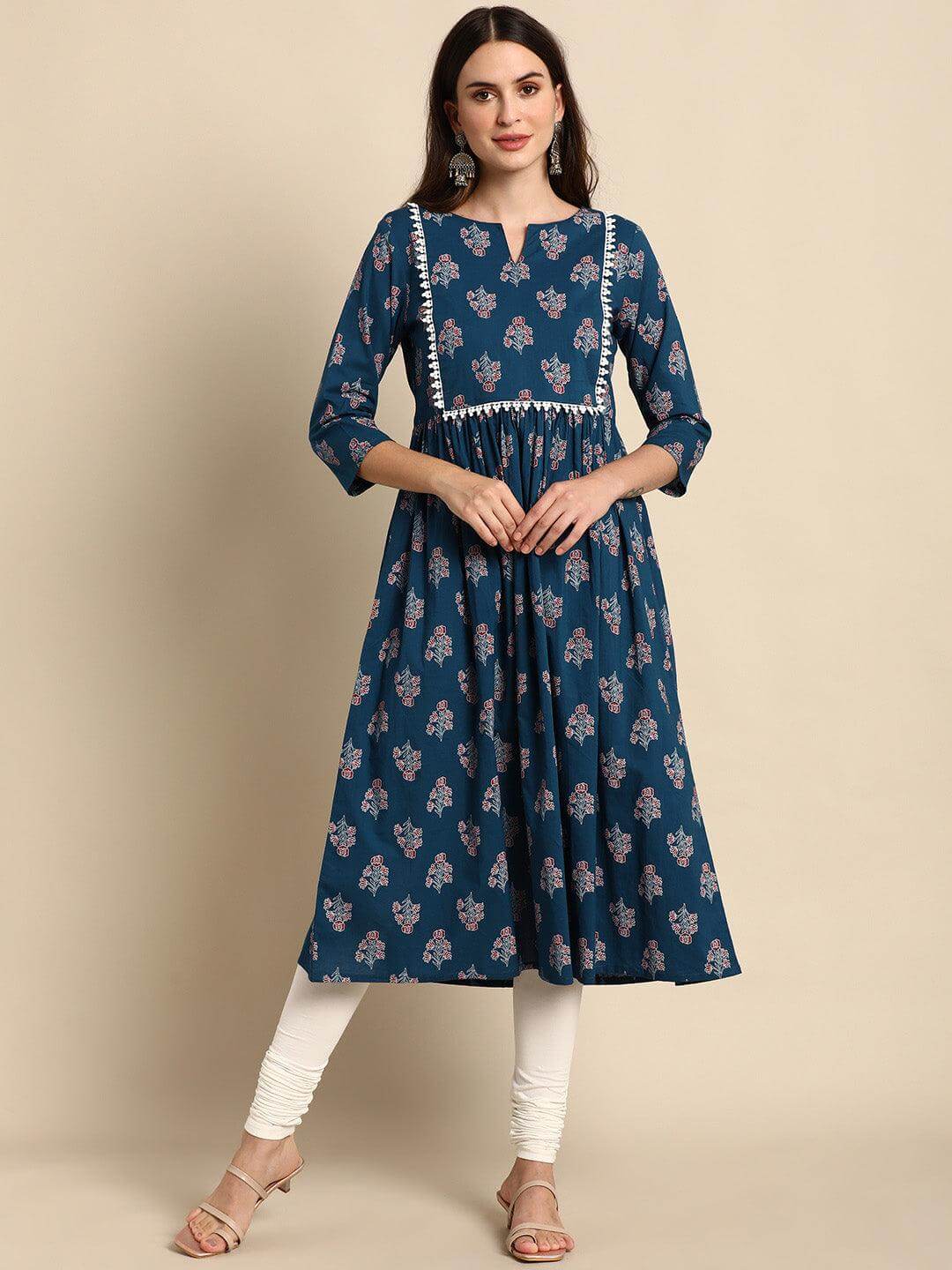 Teal Cotton Ethnic Motifs Flared Kurta Silae