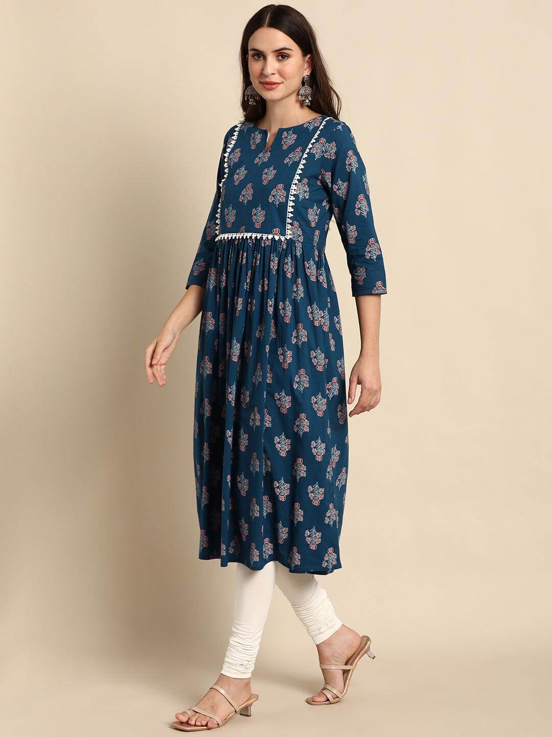 Teal Cotton Ethnic Motifs Flared Kurta Silae