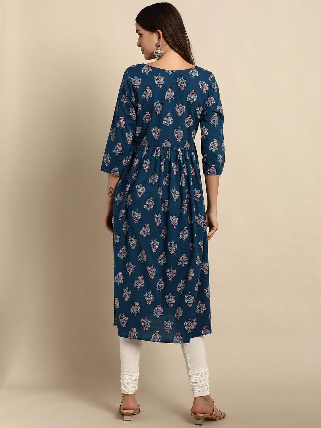 Teal Cotton Ethnic Motifs Flared Kurta Silae