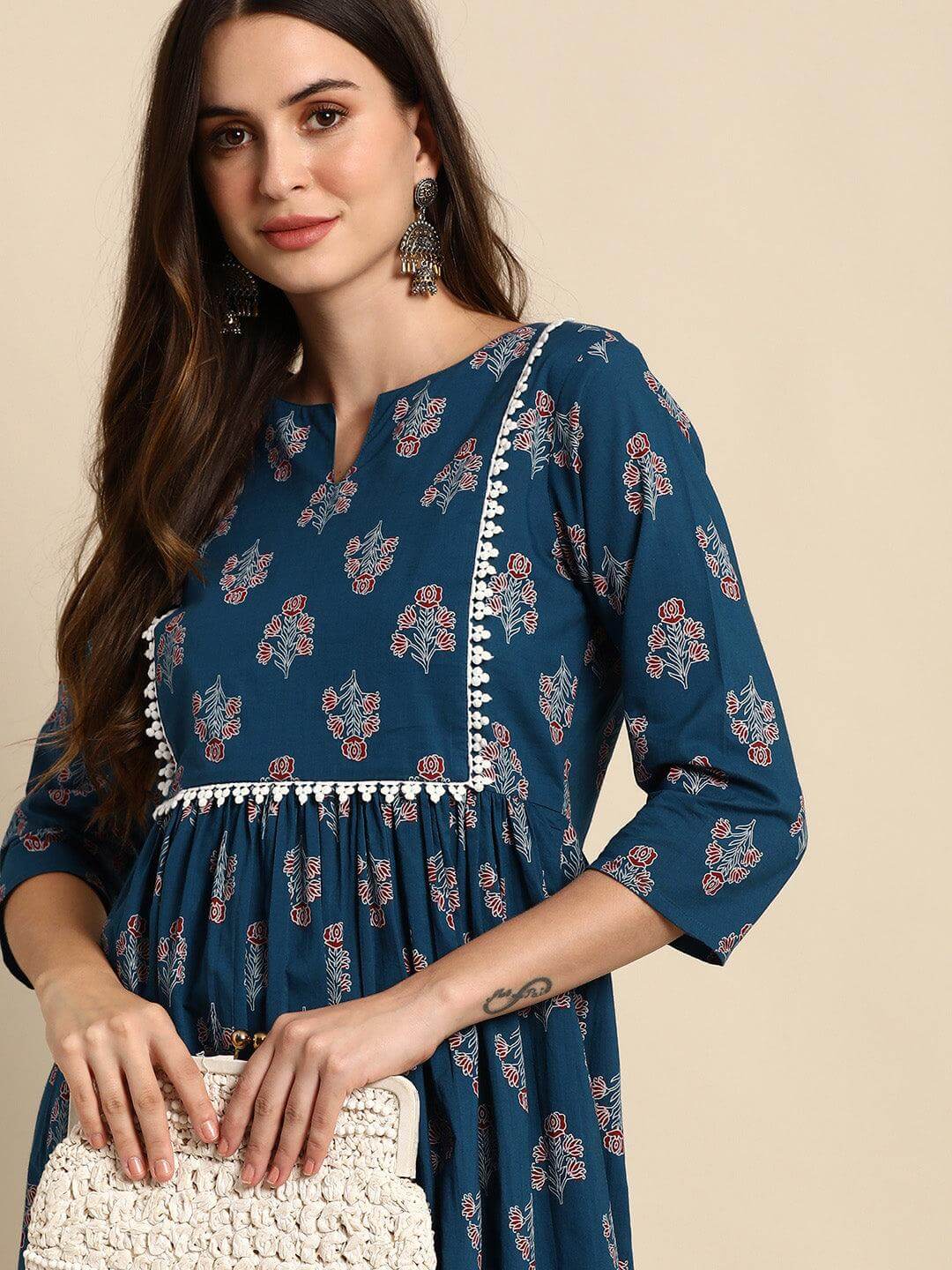 Teal Cotton Ethnic Motifs Flared Kurta Silae
