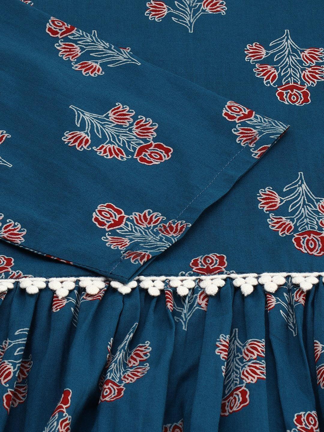 Teal Cotton Ethnic Motifs Flared Kurta Silae