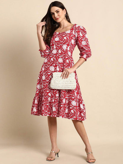 Silae Red Cotton Floral A-Line Western Dress