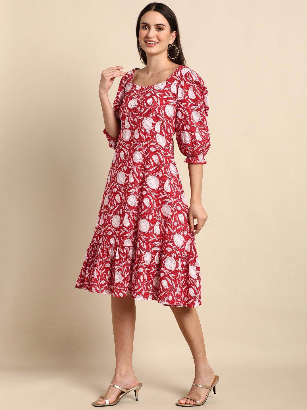 Silae Red Cotton Floral A-Line Western Dress
