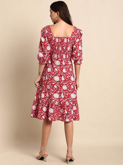 Silae Red Cotton Floral A-Line Western Dress