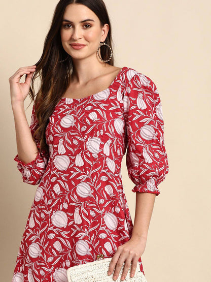 Silae Red Cotton Floral A-Line Western Dress