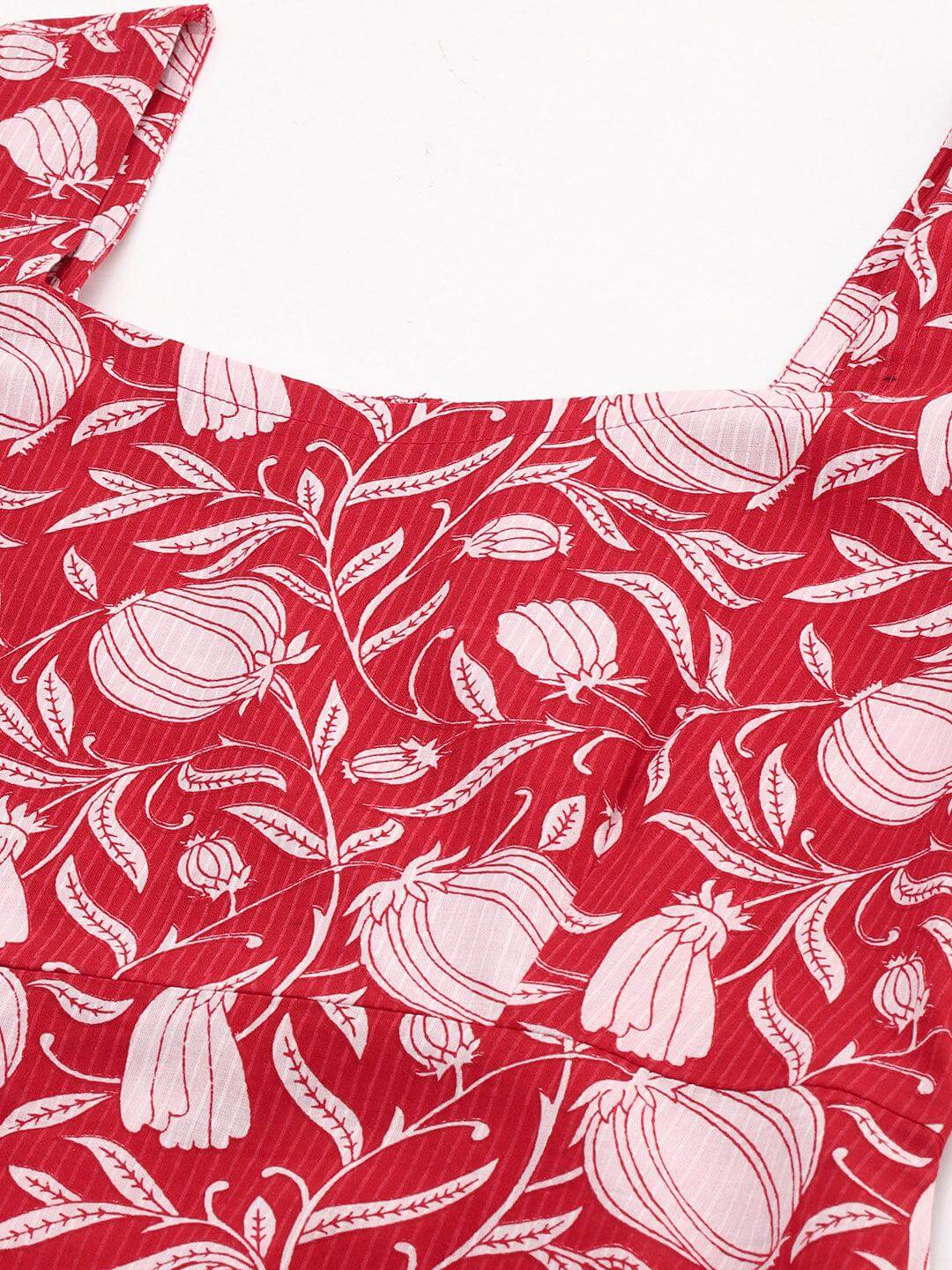 Silae Red Cotton Floral A-Line Western Dress