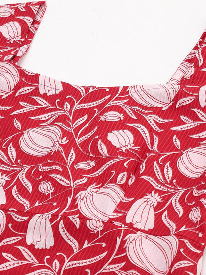 Silae Red Cotton Floral A-Line Western Dress