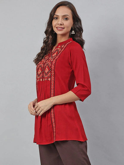Maroon Rayon Slub Embroidered A-Line Tunic