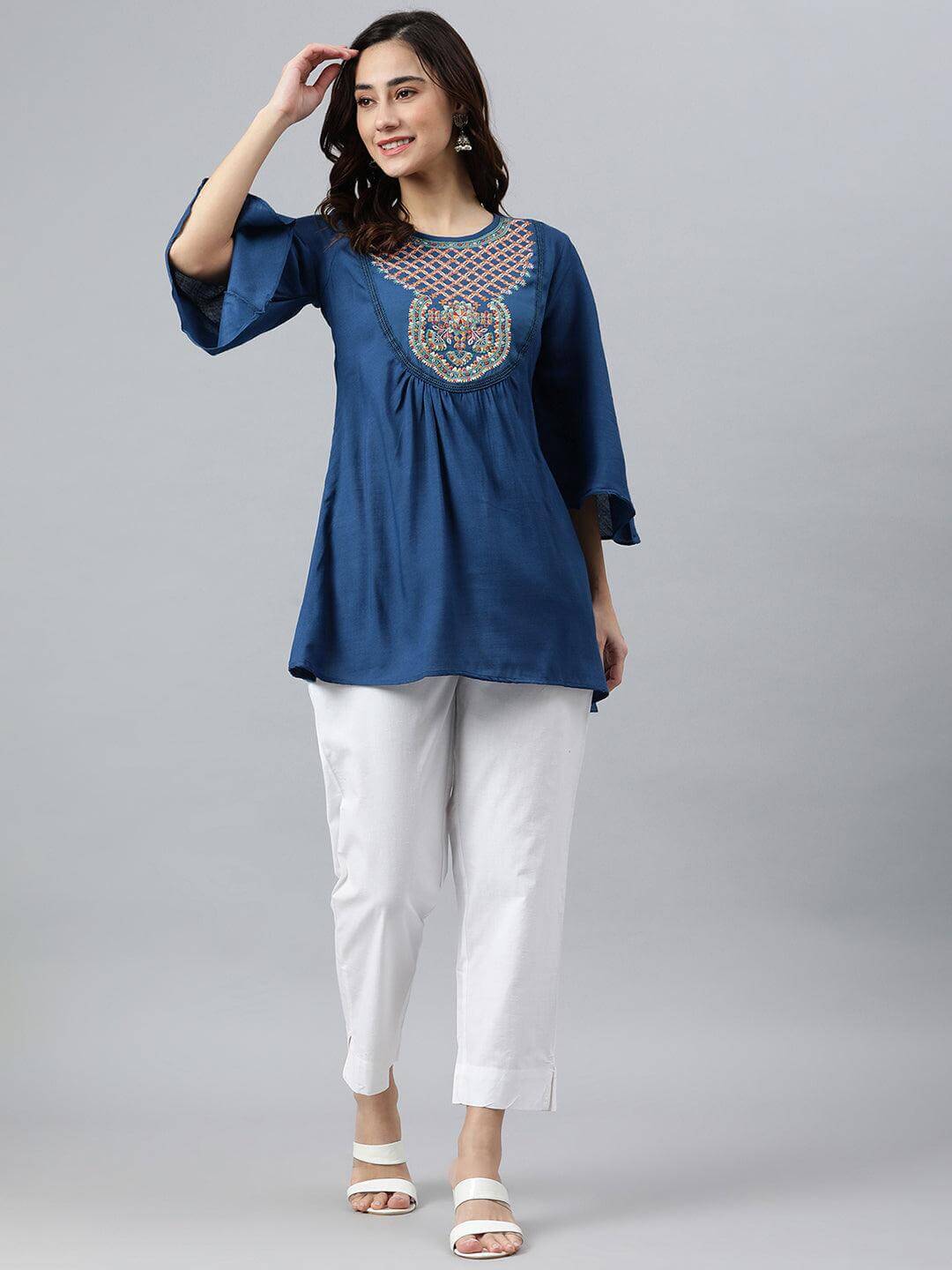 Blue Rayon Slub Embroidered Regular Tunic Silae