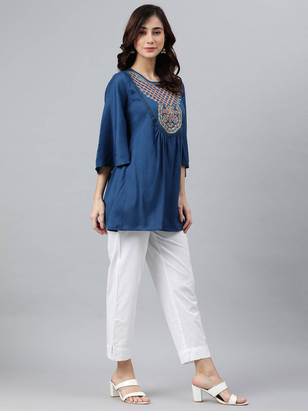 Blue Rayon Slub Embroidered Regular Tunic Silae