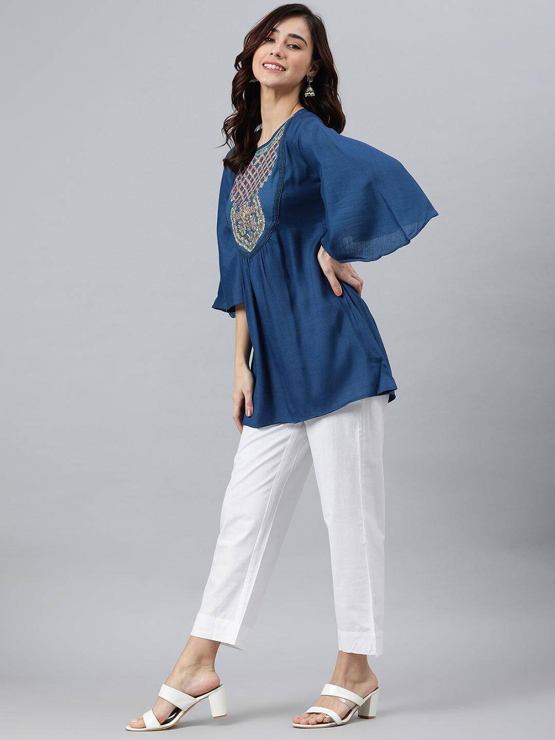 Blue Rayon Slub Embroidered Regular Tunic Silae