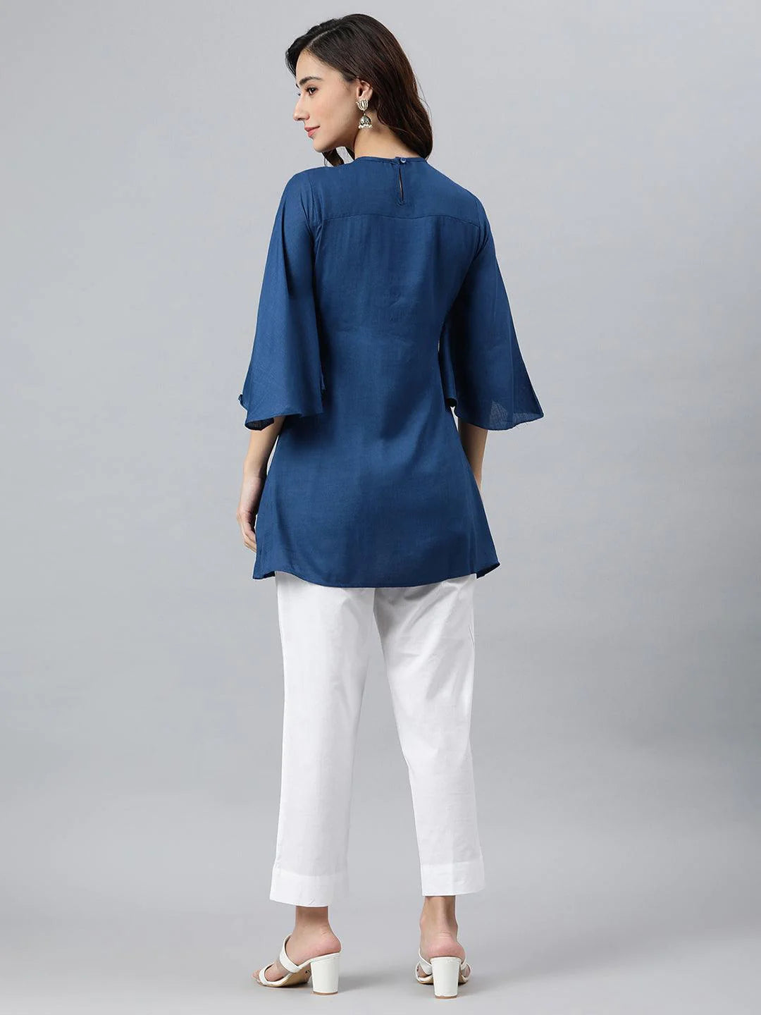 Blue Rayon Slub Embroidered Regular Tunic Silae