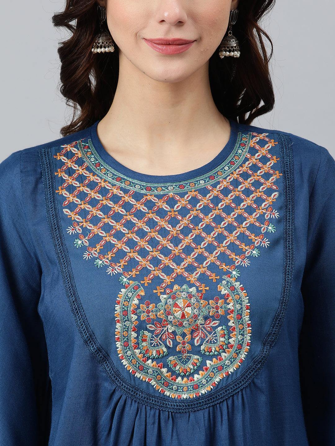 Blue Rayon Slub Embroidered Regular Tunic Silae