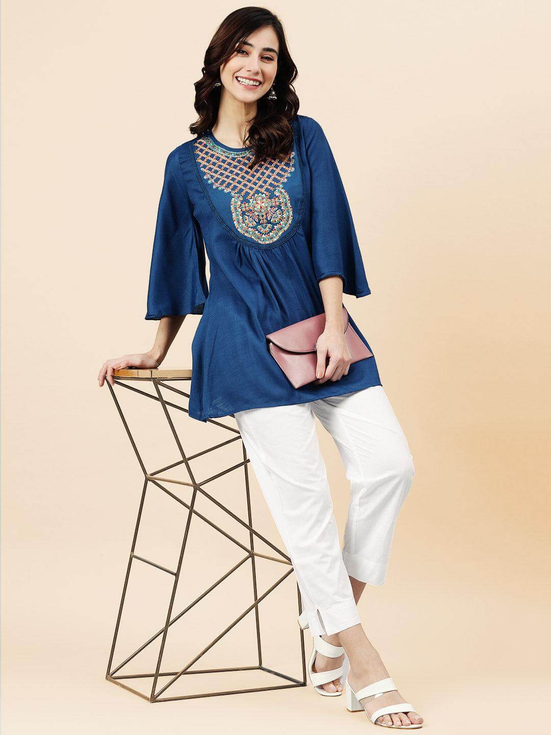 Blue Rayon Slub Embroidered Regular Tunic Silae