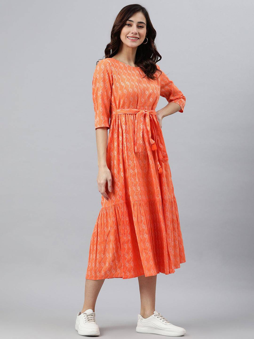 Silae Orange Cotton Woven Design Tiered Western Dress