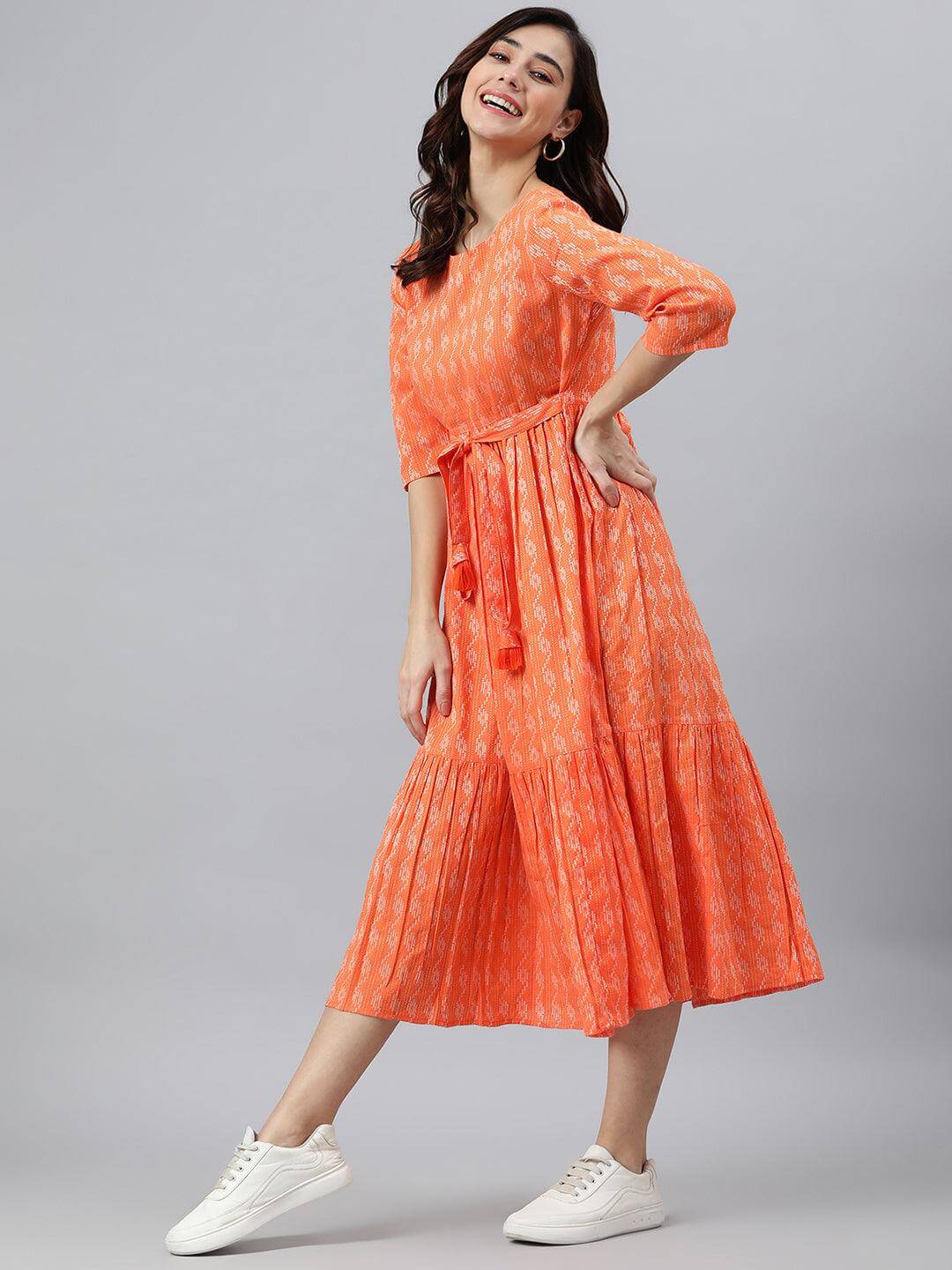 Silae Orange Cotton Woven Design Tiered Western Dress