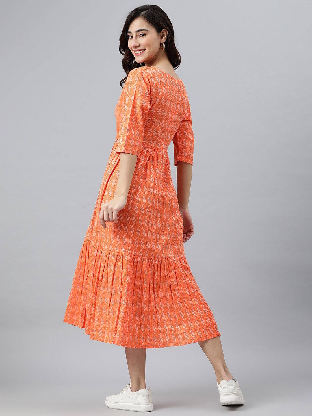 Silae Orange Cotton Woven Design Tiered Western Dress