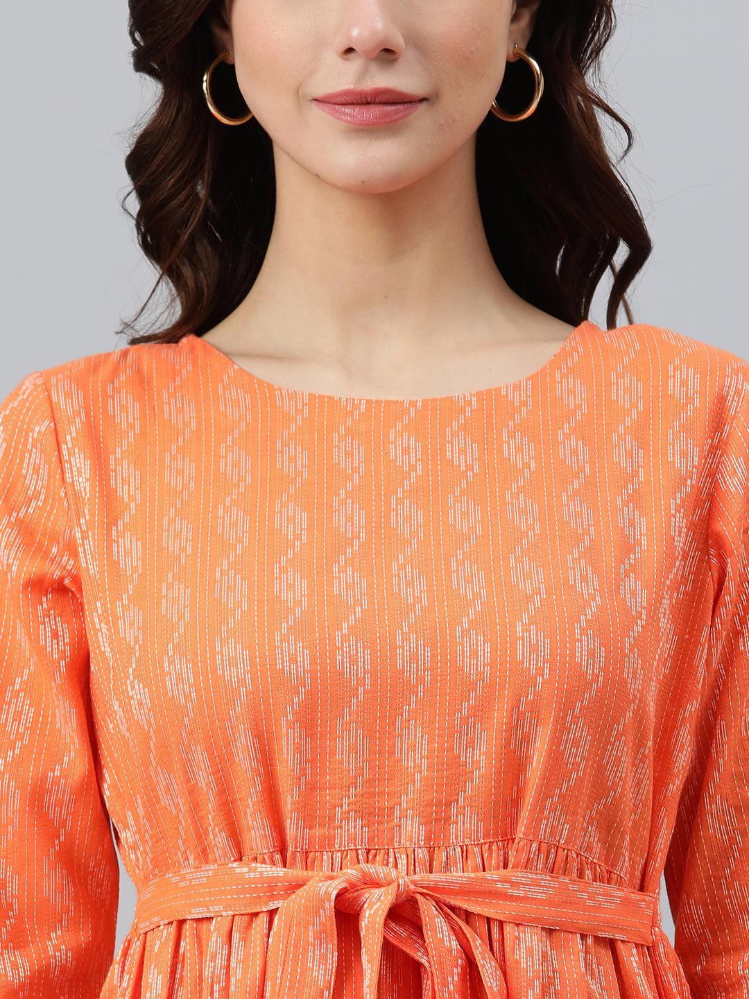 Silae Orange Cotton Woven Design Tiered Western Dress
