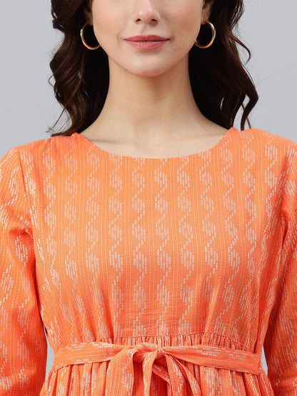 Silae Orange Cotton Woven Design Tiered Western Dress