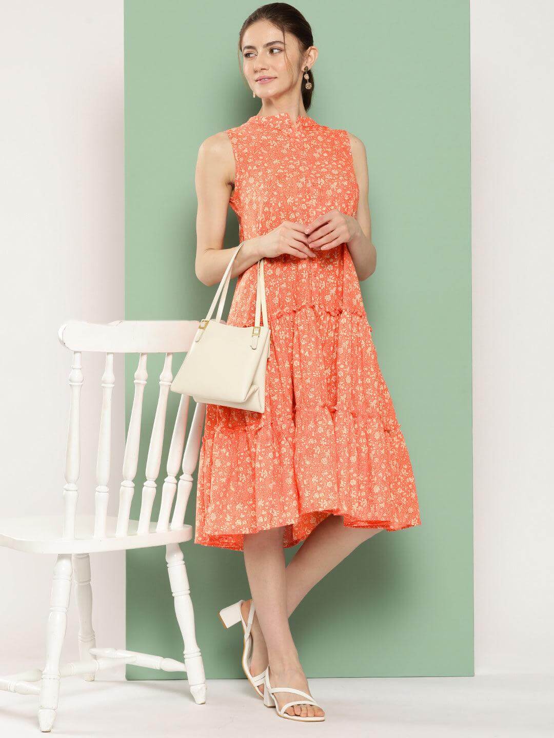 Silae Peach Cotton Floral Printed Flared Western Dress