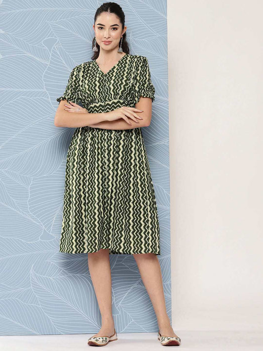 Olive Cotton Chevron Print Flared Western Dress Silae