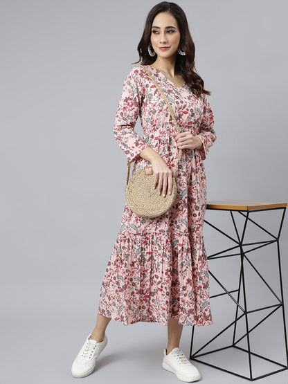 Peach Cotton Floral Print Flared Kurta