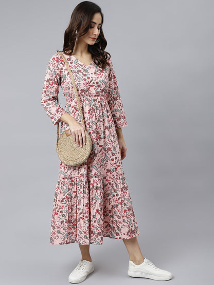 Peach Cotton Floral Print Flared Kurta